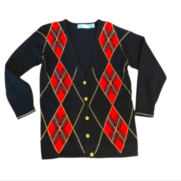 Vtg Robert Scott wool blend Argyle black/red/gold long knit Grandpa cardiganSz M - Picture 1 of 9